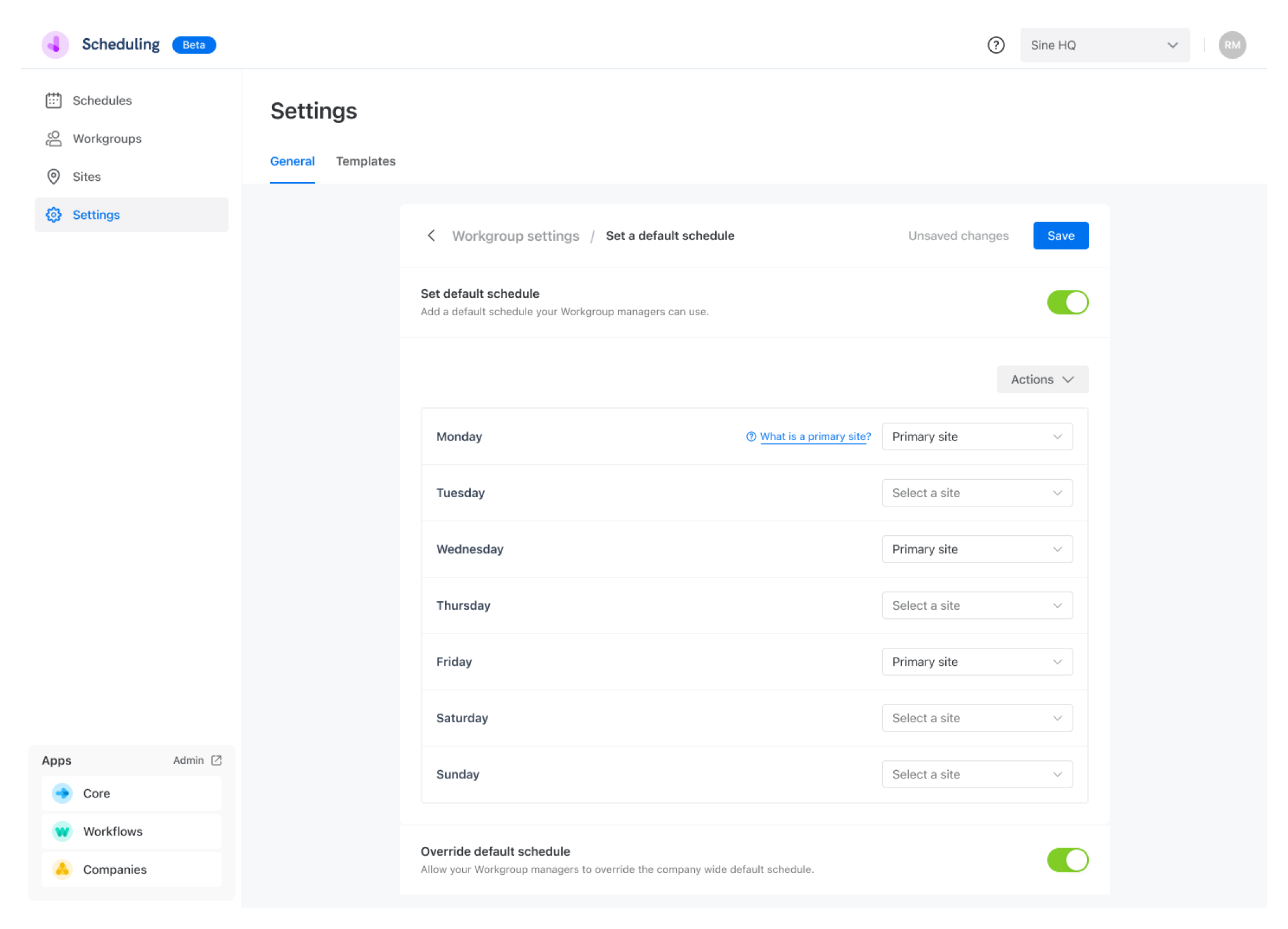 Scheduling settings - default schedule