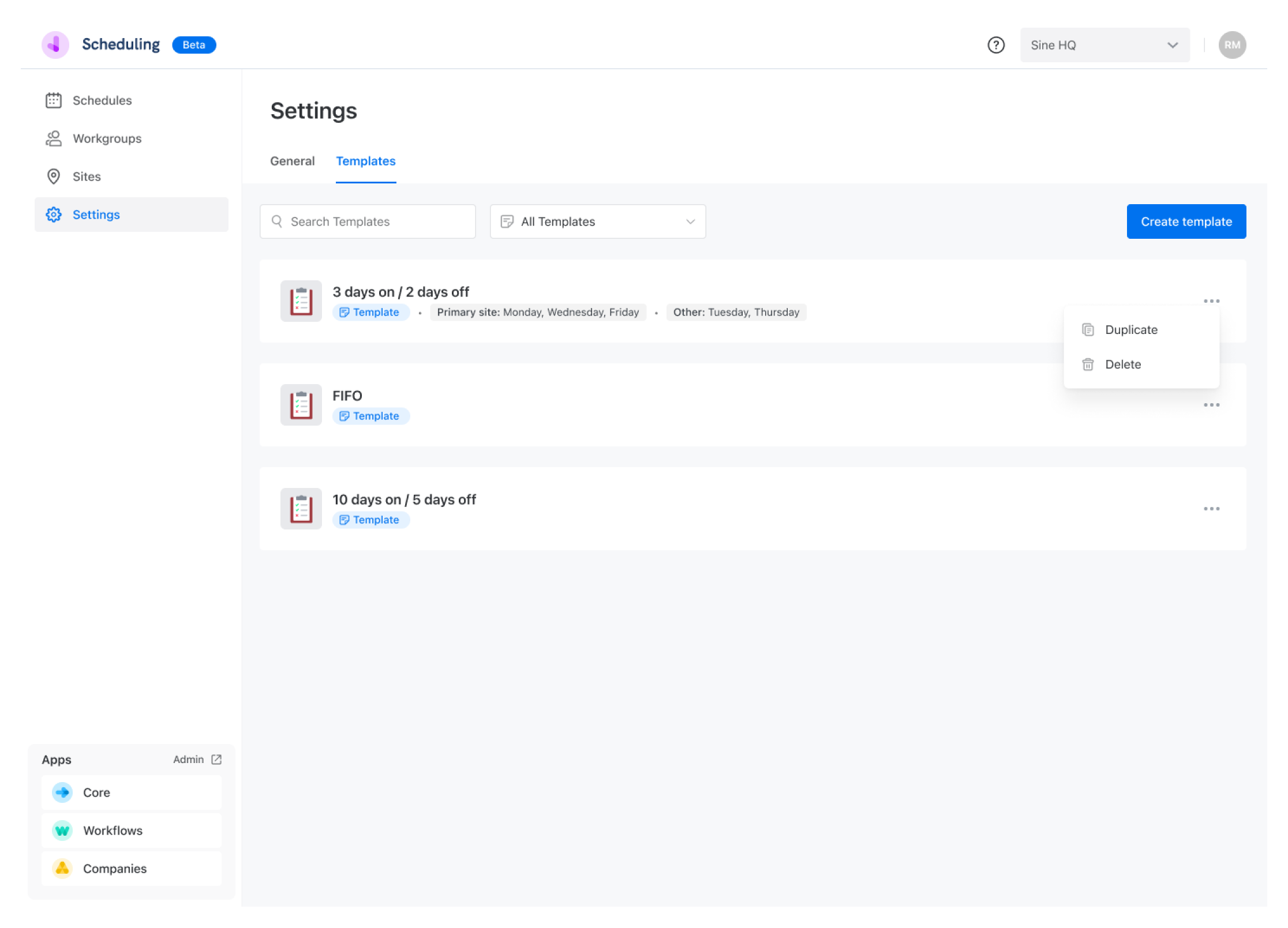 Scheduling settings - templates