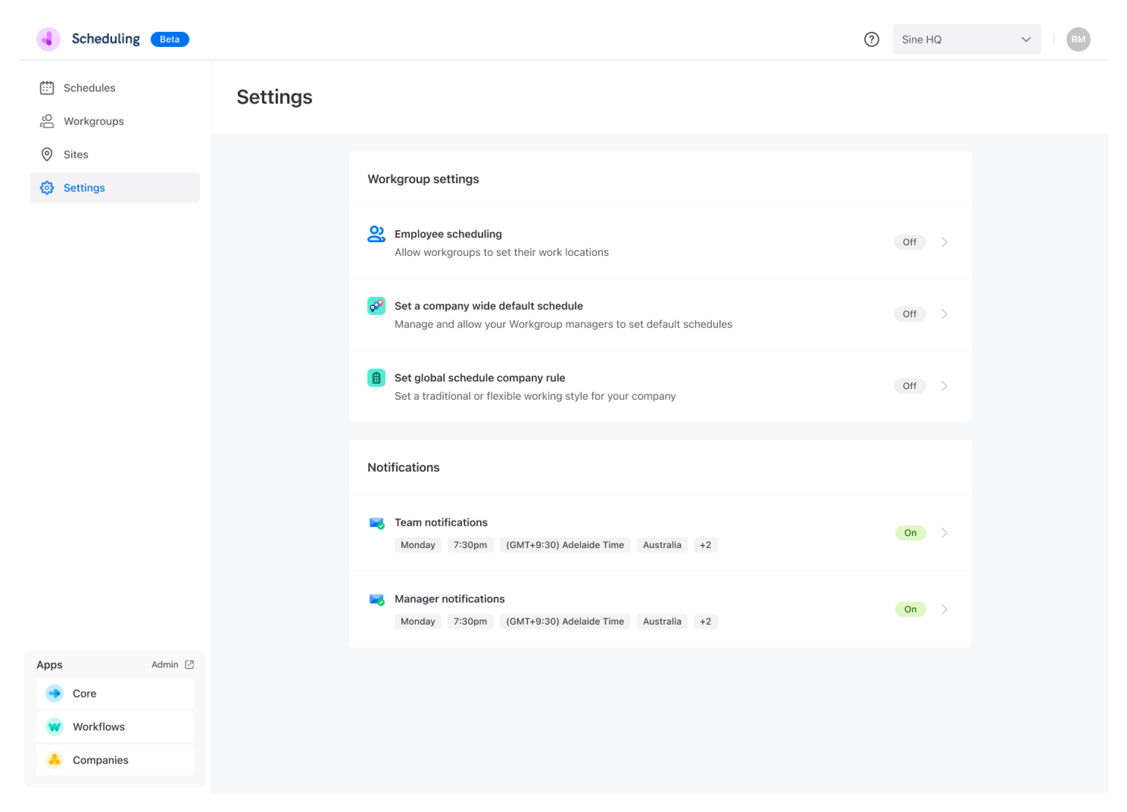 Scheduling settings